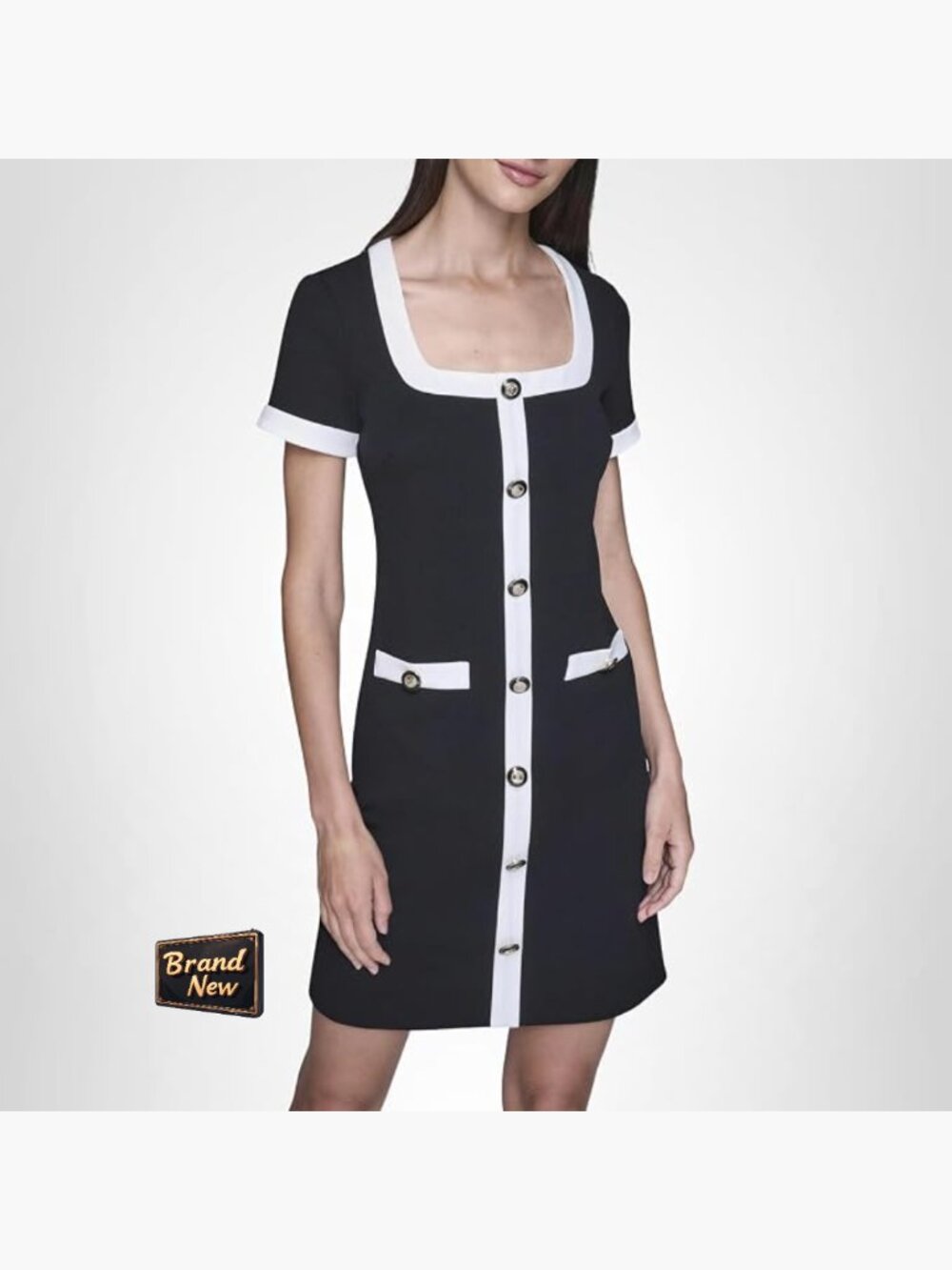 Karl Lagerfeld Square Neck Contrast Trim Button Front Mini Dress (No color)